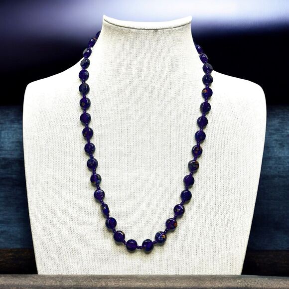 Art Glass Necklace Cobalt Blue Speckled Pressed Disc Style and Seed Beads 20" - Picture 2 of 10